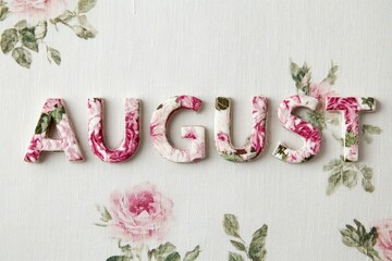 The word AUGUST spelled out with floralpatterned letters on a floral canvas