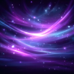 Obraz premium Abstract cosmic artwork featuring flowing, luminous purple and blue streaks across a dark, starry backdrop. Glowing particles add depth and sparkle