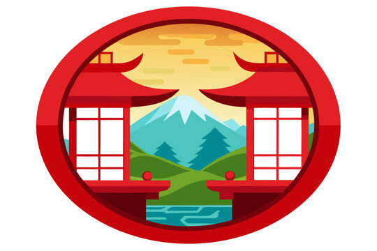 Red Circular Window Frame with Mountains and Pagodas vector illustration