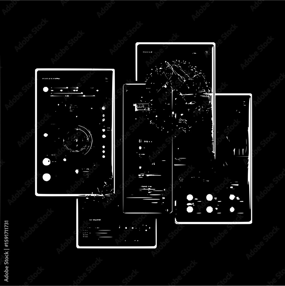 Poster abstract representation of multiple electronic devices with various controls and displays on black b