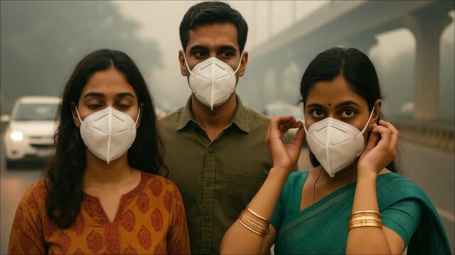Three people wearing masks stand in a smoggy city street, captured in a frontal video shot, highlighting urban pollution and health concerns.