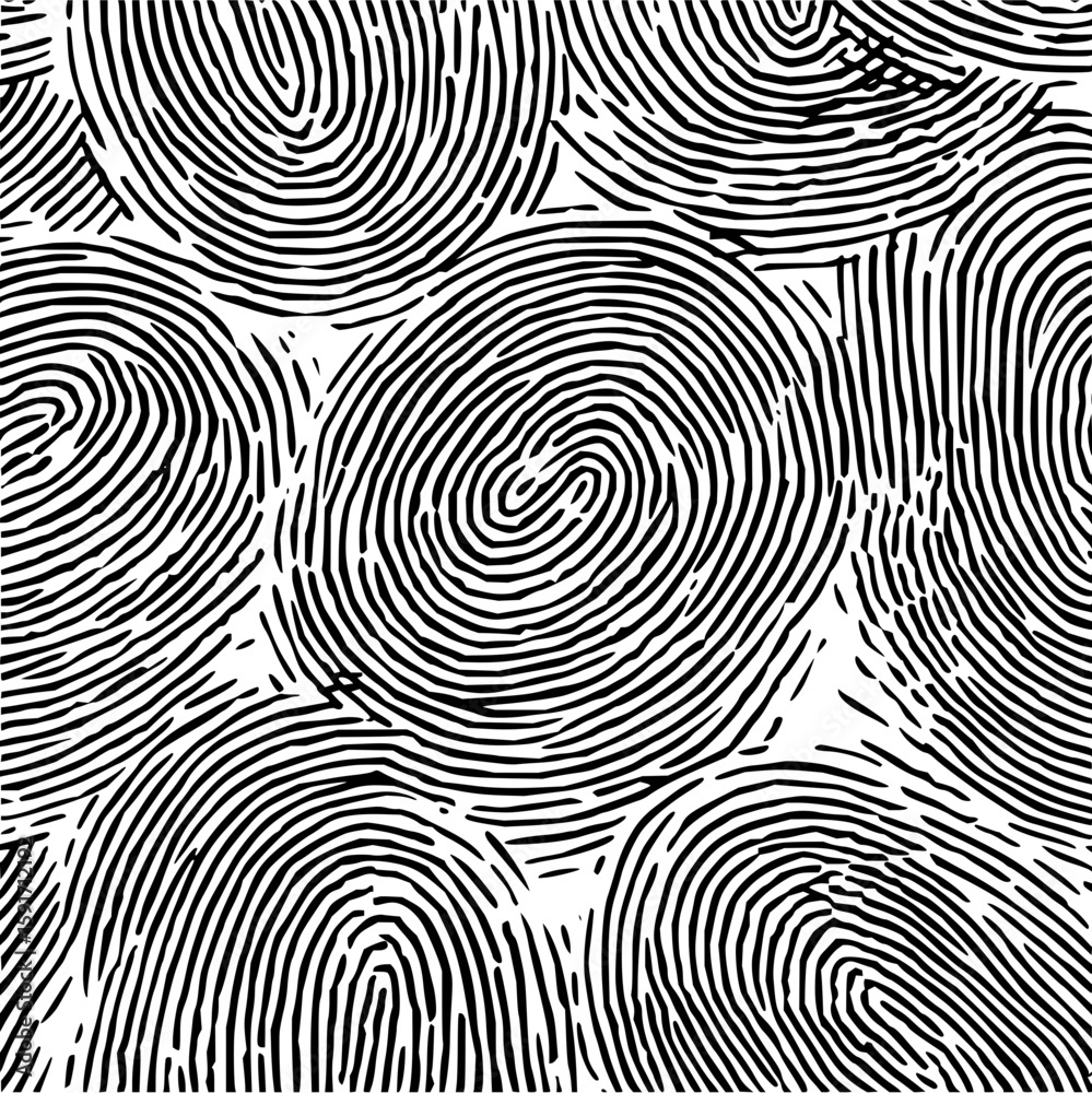 Poster black and white fingerprint pattern with multiple unique fingerprint designs overlapping each other 
