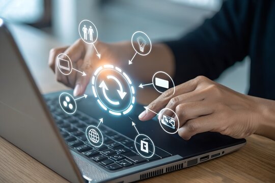 Software update or operating system upgrade concept. Improved functionality in the new version and improved security. Person using laptop with Software update and upgrade technology.