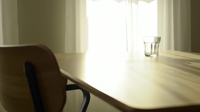 Smooth cinematic tracking shot past an empty glass on a wooden dining table with a chair in a bright minimalist room