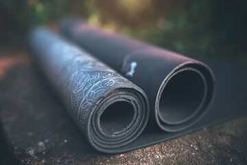 Rolled yoga mats resting on a textured surface,  a light design on one mat