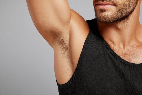 A closeup of a mans upper body with focus on his armpit hair