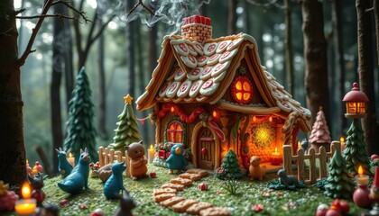 Fairytale cottage in the woods made of candy and gingerbread, smoke coming from the chimney, cozy lighting 2