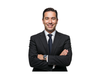 Smiling confident businessman in a dark suit with arms crossed wearing a wristwatch isolated on transparent background