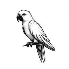 Fototapeta premium Black and white illustration of a parrot perched on a branch 