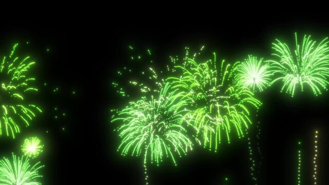 Green and yellow fireworks explode on transparent background. For birthday firework, new year's eve firework, party firework, festival, anniversary firework, diwali firework, independence day firework