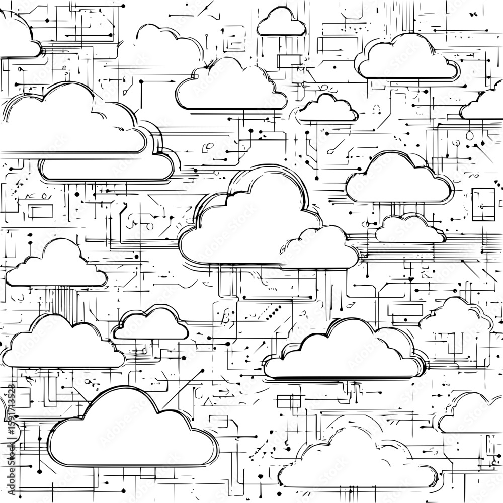 Poster cloud computing network with multiple clouds connected by lines and dots on a white background desig