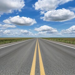 Fototapeta premium Wide highway stretching through green landscape under blue sky 
