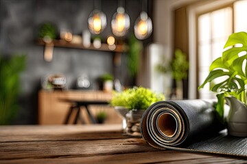 Rolled yoga mat on a rustic wooden table in a modern kitchen