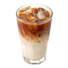 Rich iced coffee latte in clear glass on a bright white background showcasing refreshing beverage details