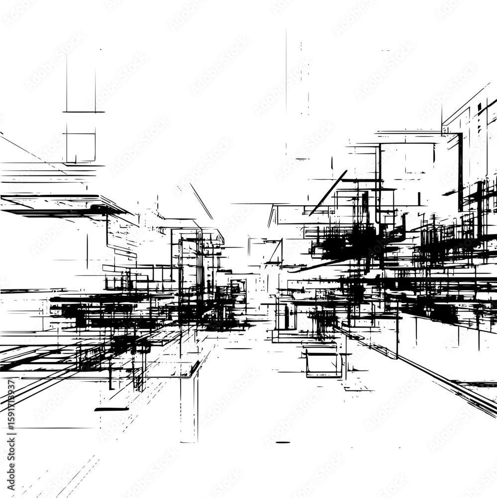 Poster abstract geometric composition with intersecting lines creating a complex architectural structure vi