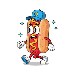 Cheerful Walking Hot Dog Character with Baseball Cap, Gloves, and Mustard Topping – Flat Vector Illustration with Energetic Star Accents