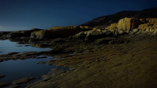 Moonlit coastal tidepools with reflections