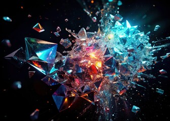 Shattered Glass Explosion, Abstract Art, Black Background, Dramatic Photo, Air Particles, Close Up, Fine Art Photography