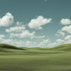 Obraz premium Serene landscape of rolling green hills under a mostly clear sky with scattered cumulus clouds