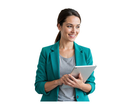 Smiling young businesswoman in a teal blazer holding a tablet computer and looking to the side isolated on transparent background
