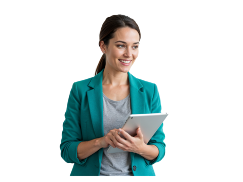 Smiling young businesswoman in a teal blazer holding a tablet computer and looking to the side isolated on transparent background
