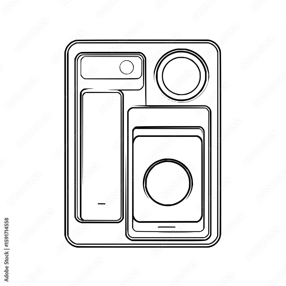 Poster outline of a rectangular tray with various compartments and circular elements in a simple design sty