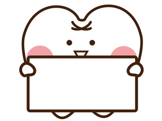 プラカードを持っているかわいい歯のマスコットキャラクター
