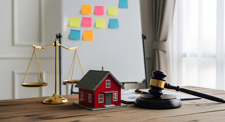A wooden desk featuring a gavel, a scale of justice, a small red house model, and a whiteboard with colorful sticky notes in a bright room.