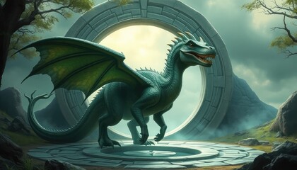 Fantasy hybrid dragon-dinosaur creature emerging from a portal in a stone circle in an ancient mystical land 2