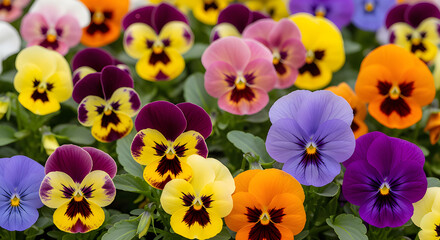 A vibrant display of pansies in various colors including purple, yellow, orange, and pink, with distinctive dark centers.