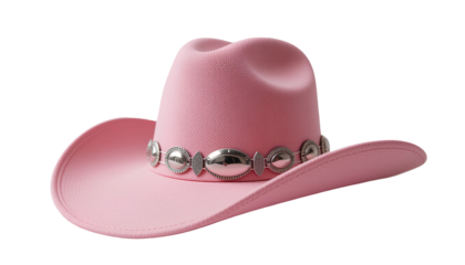 Pink Cowboy Hat with Silver Concho Belt and Oval Buckle Isolated on Transparent Background