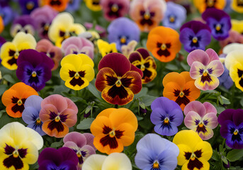 A vibrant array of pansy flowers in shades of purple, yellow, orange, and white, featuring distinct dark markings in their centers.