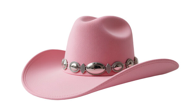 Pink Cowboy Hat with Silver Concho Belt and Oval Buckle Isolated on Transparent Background