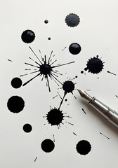A silver pen rests on a white surface adorned with scattered black ink splatters and bursts, showcasing artistic ink patterns.