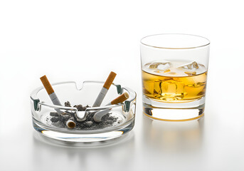 A glass ashtray holding several cigarettes next to a glass of whiskey with ice cubes, set against a white background.