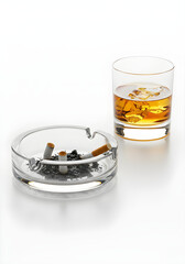 An ashtray with discarded cigarettes sits next to a glass of whiskey with ice, reflecting a relaxed, indulgent atmosphere.
