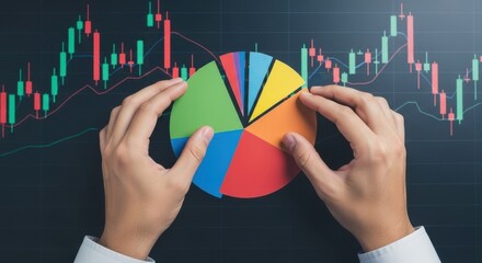 Hands arranging colorful pie chart over stock market candlestick graph candlestick chart financial data