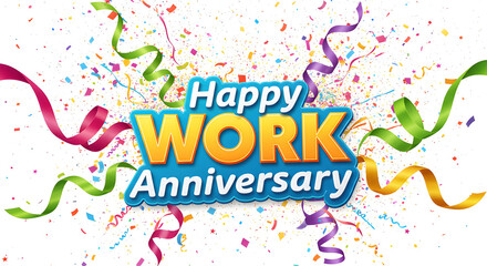 Colorful confetti and ribbons surround the text "Happy WORK Anniversary" in bold, festive letters.