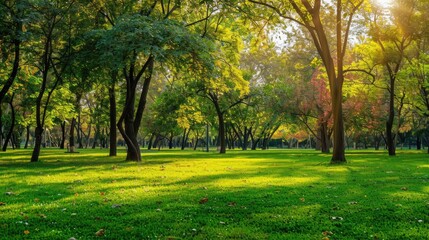 Obraz premium Vibrant Green Park Landscape with Bright Sunlight Through Trees