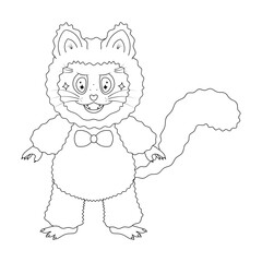 Kitten male with bow tie. Sketch. Vector illustration. Outline on isolated white background. Doodle style. Cat with sparkle in eyes with fangs, whiskers and tail. Coloring book for children.