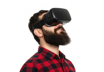 A man wearing a vr headset and a plaid shirt looks up in wonder, isolated on a transparent background