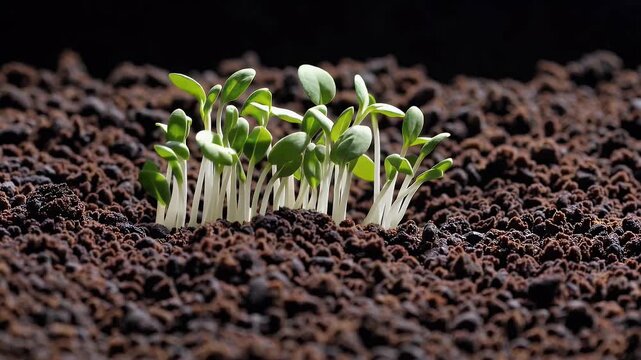 Detailed 4K time lapse footage showing mustard microgreens sprouting and growing in a controlled environment emphasizing health nutrition and the beauty of vegan food from seed to sprout