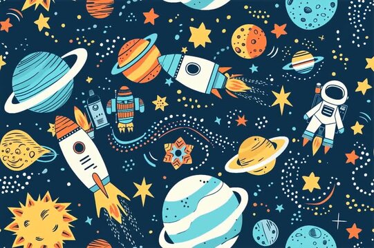 rockets planet stars astronaut seamless pattern kids party textile wallpaper illustration