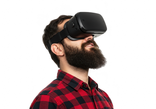 A man wearing a vr headset and a plaid shirt looks up in wonder, isolated on a transparent background