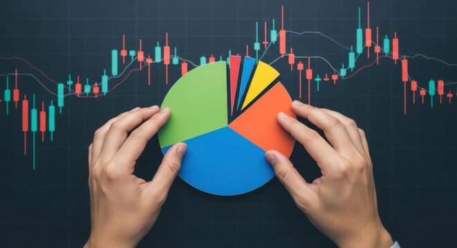 Hands holding colorful pie chart over stock market candlestick graph candlestick chart financial graph - Powered by Adobe