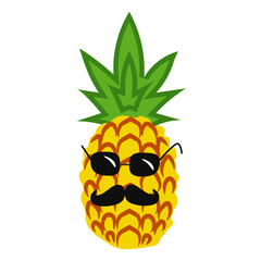Tropical pineapple character with green leaves, black mustache and sunglasses. Healthy food concept. Vector illustration for design, t-shirt, print, banner