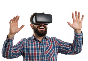 An excited man wearing a vr headset and plaid shirt raises his hands, isolated on a transparent background