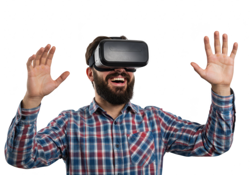 An excited man wearing a vr headset and plaid shirt raises his hands, isolated on a transparent background