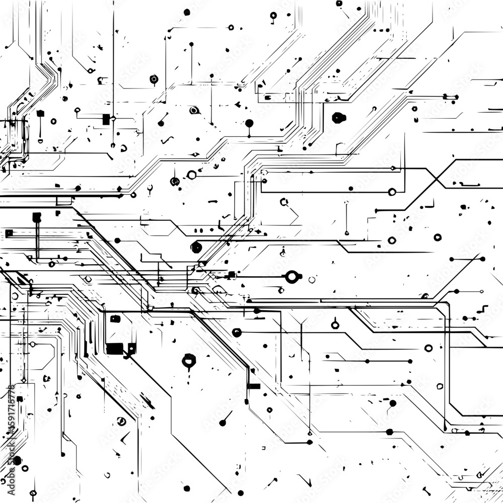 Poster abstract representation of a circuit board with interconnected lines and various components scattere