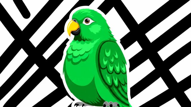 Green parrot on a black and white striped background